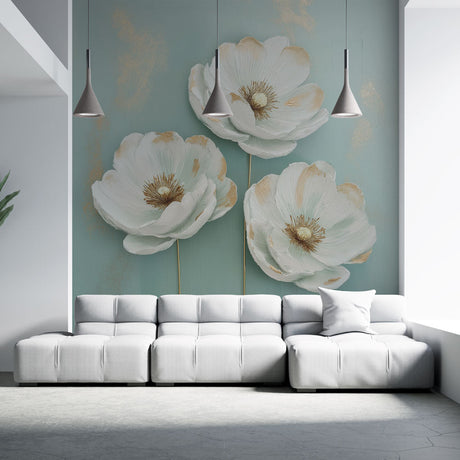 White peony wallpaper with gold accents creating an elegant backdrop in a bright dining room with modern furniture