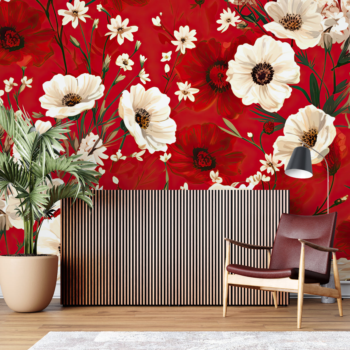 Red and white poppy wallpaper in modern dining room showing dramatic floral contrast