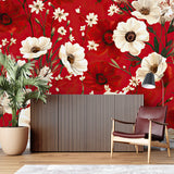 Red and white poppy wallpaper in modern dining room showing dramatic floral contrast