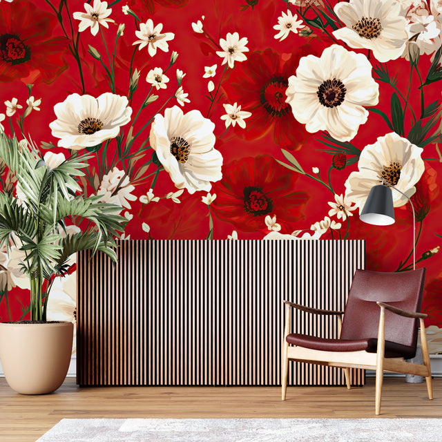 Red and white poppy wallpaper in modern dining room showing dramatic floral contrast