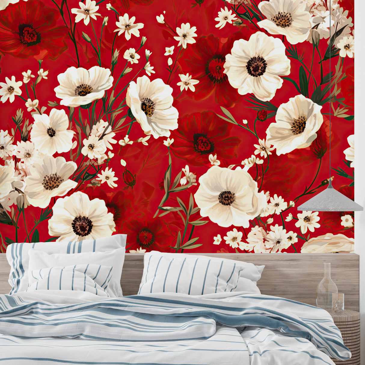 White poppy wall mural brightening a cozy bedroom space