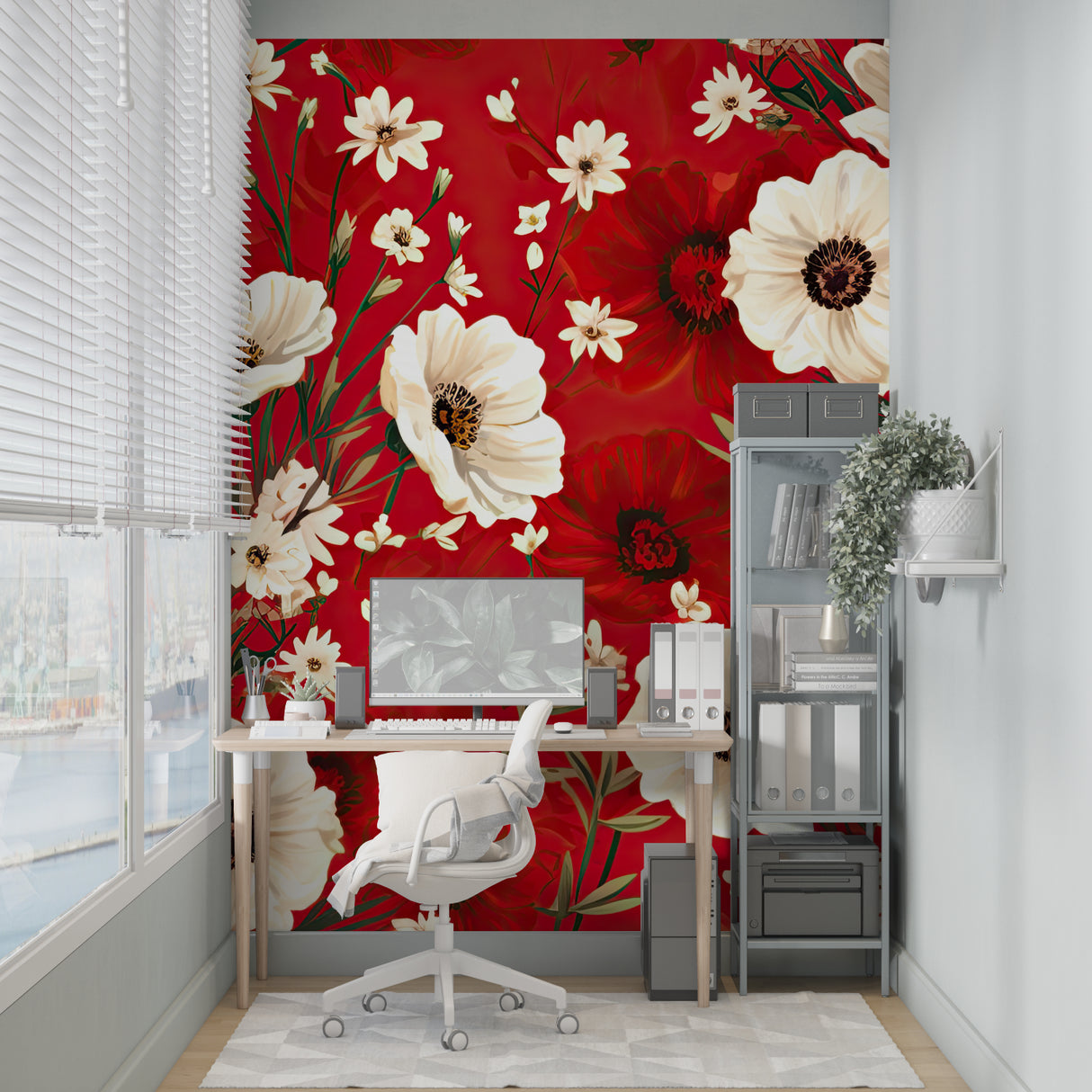 Floral accent wall with white poppies in stylish living room setting