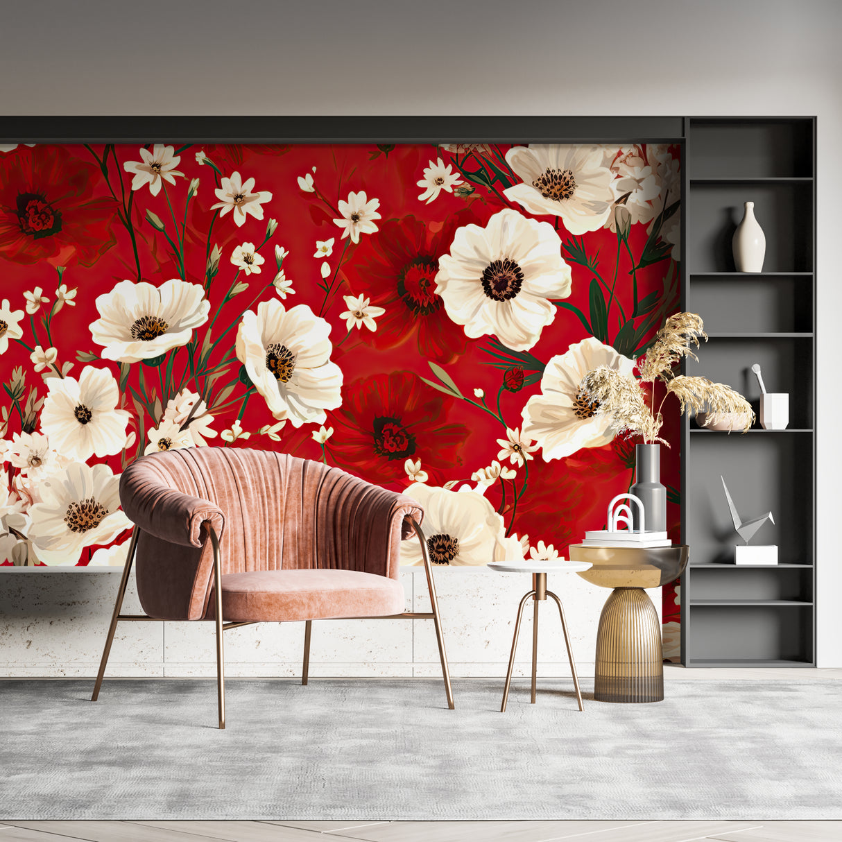 Red botanical wallpaper creating elegant home office atmosphere