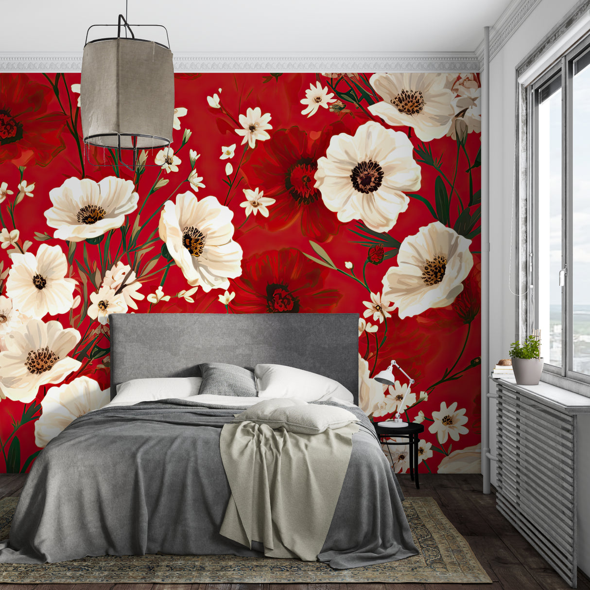 White poppy pattern on red background in contemporary hallway