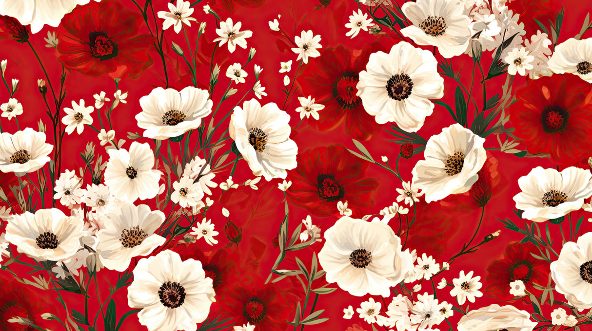 Design file showing detailed white poppies pattern on rich red background
