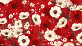 Design file showing detailed white poppies pattern on rich red background