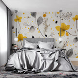 Grey and yellow botanical wallpaper transforming an entrance hall