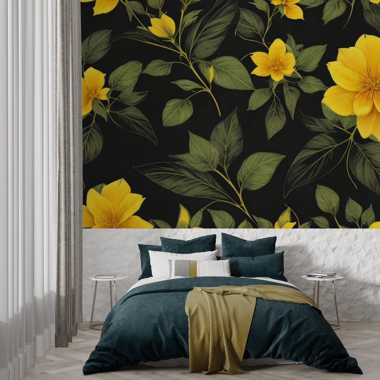 Modern botanical wallpaper enhancing hallway with contemporary furniture