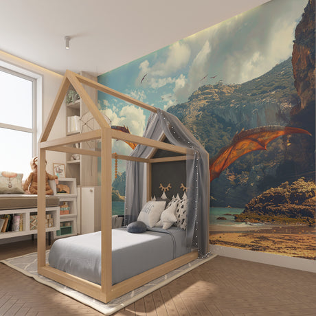 Pterodactyl wallpaper bringing prehistoric adventure to a modern kids bedroom with blue and rust tones