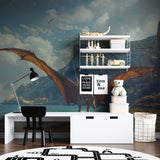 Dinosaur wall mural featuring pterodactyl in a bright playroom setting