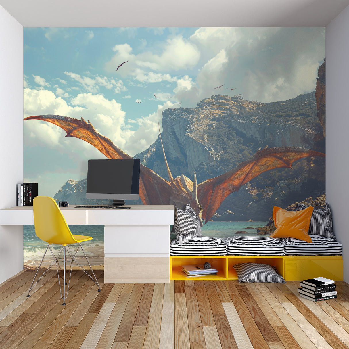 Prehistoric wallpaper design showcased in a cozy reading nook