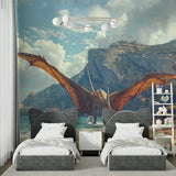 Mountain scene pterodactyl mural displayed in a modern study area