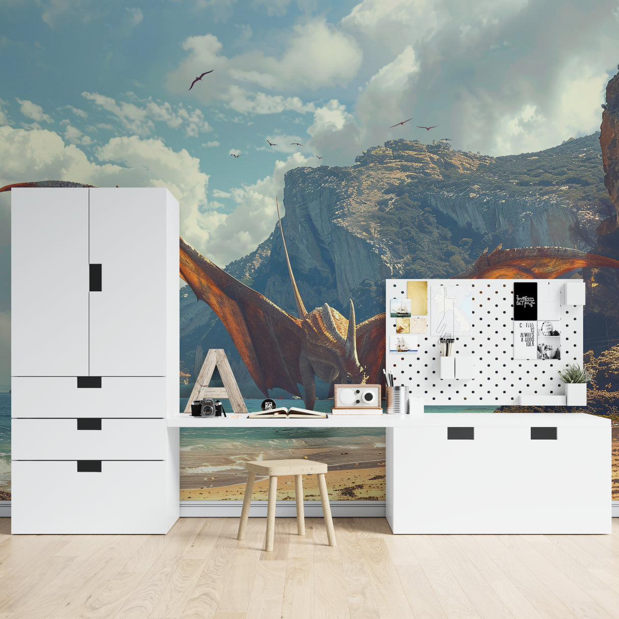 Flying dinosaur wall design creating depth in a small bedroom space