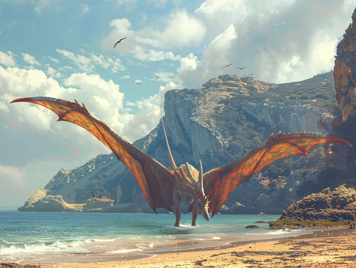 Design file of pterodactyl soaring over coastal mountains with detailed color palette