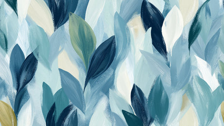Blue leaf wallpaper mural styled in a modern living room with gray sofa and natural light highlighting the abstract pattern