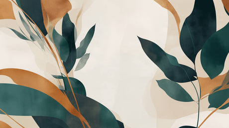 Modern living room showcasing Abstract Foliage Wallpaper with green and gold leaves creating a fresh, elegant atmosphere