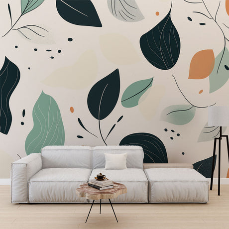 Modern botanical wallpaper with sage and terracotta leaves shown in a bright Scandinavian living room setting