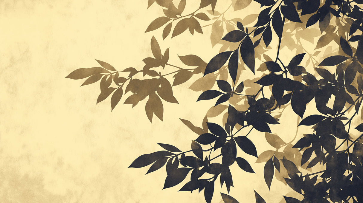 Elegant dining room featuring botanical wall mural in black and gold tones