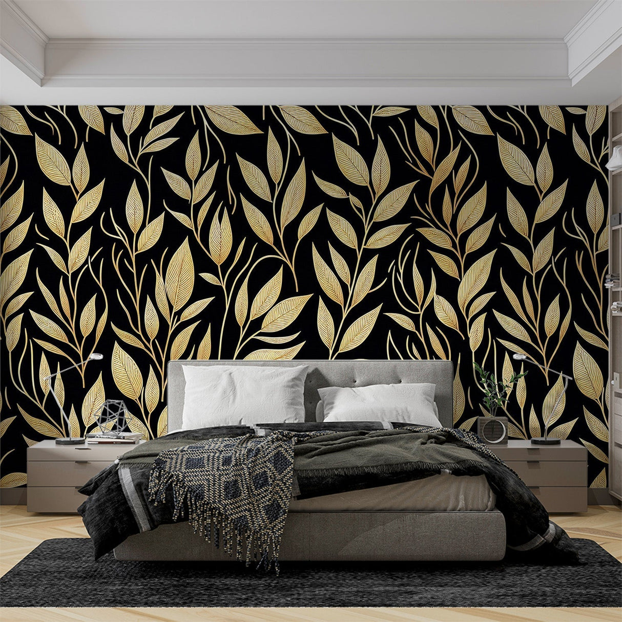 Black and gold leaf wallpaper creating dramatic impact in a modern dining room with ambient lighting