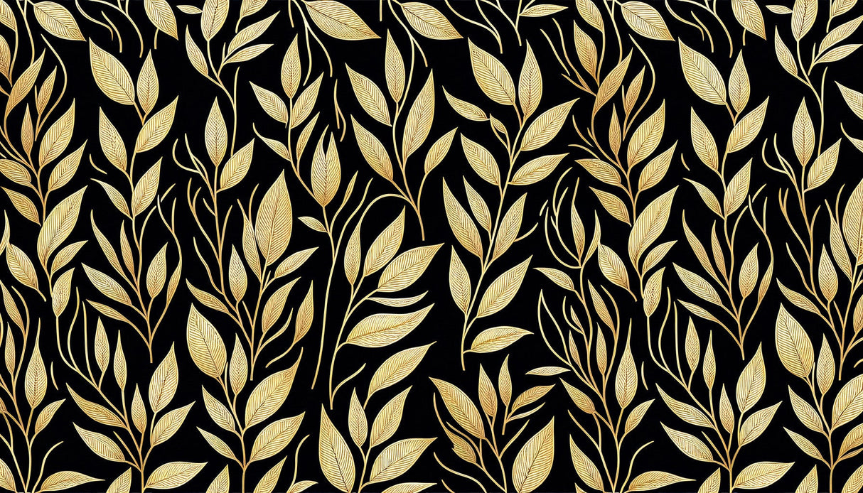 Black and gold foliage wallpaper design file showing intricate leaf pattern and metallic details