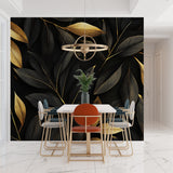 Luxury botanical wallpaper showcased in master bedroom with gold accents