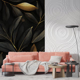 Black and gold foliage mural making statement in stylish living room