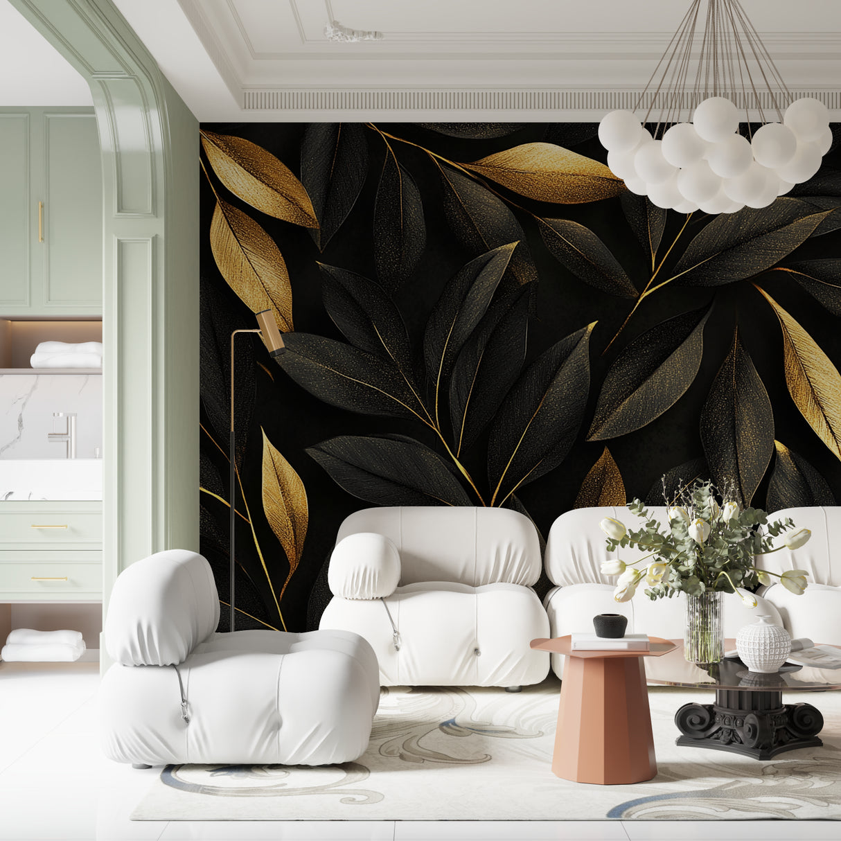 Dramatic leaf pattern enhancing modern entryway with pendant lighting