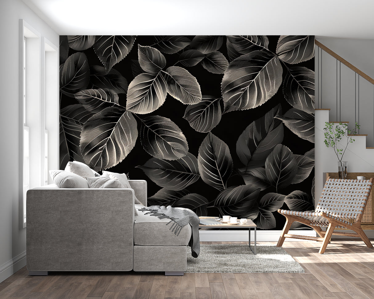 Botanical black wallpaper with silver leaves making a dining room feel cozy