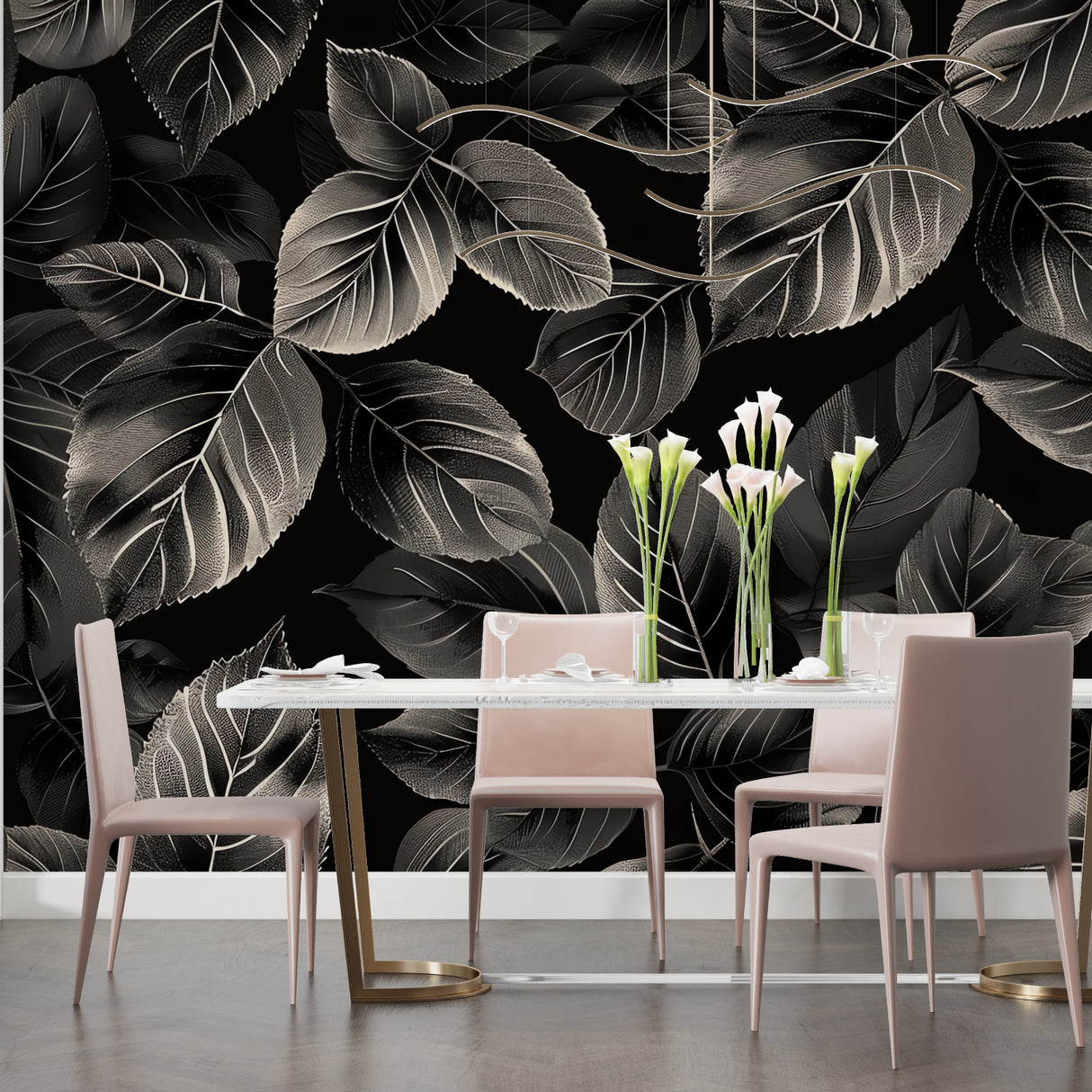 Dark leaf mural with silver details in a stylish bedroom