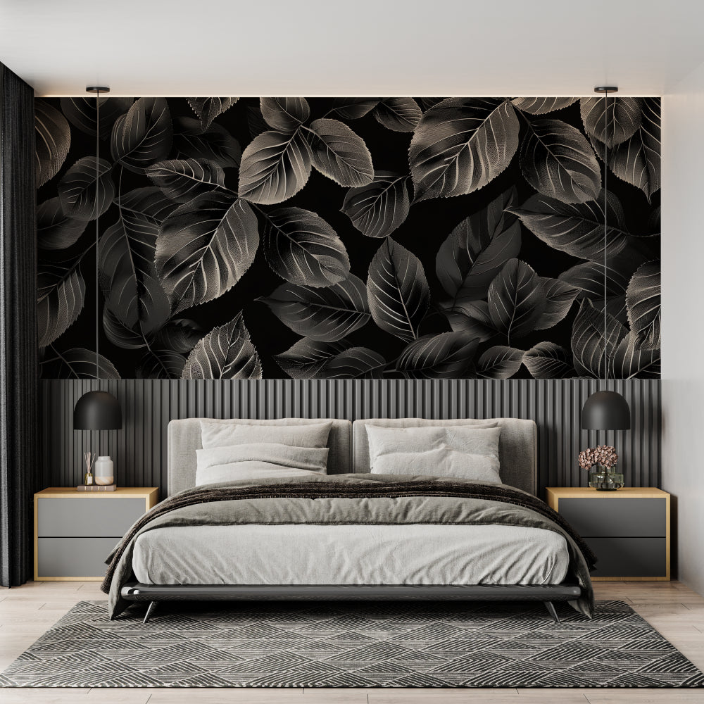 Black and silver foliage wallpaper adding elegance to a home office