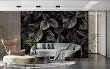 Modern botanical wallpaper in black and silver transforming an entryway