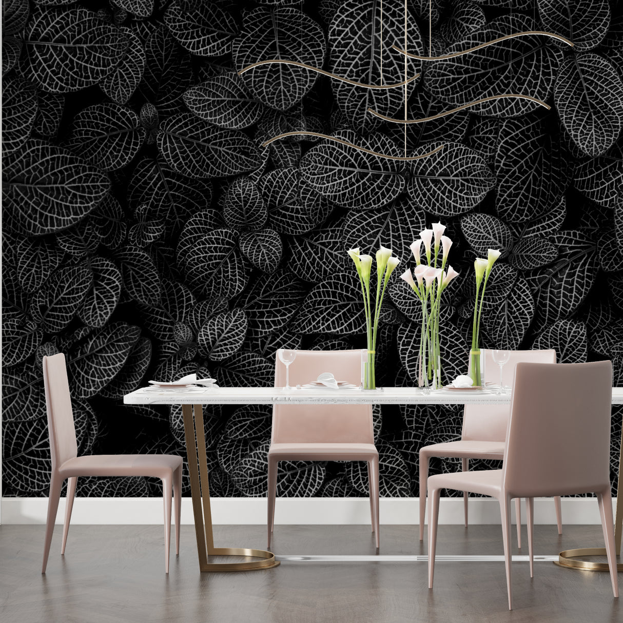 Botanical wall mural in dining room with monochrome leaf design