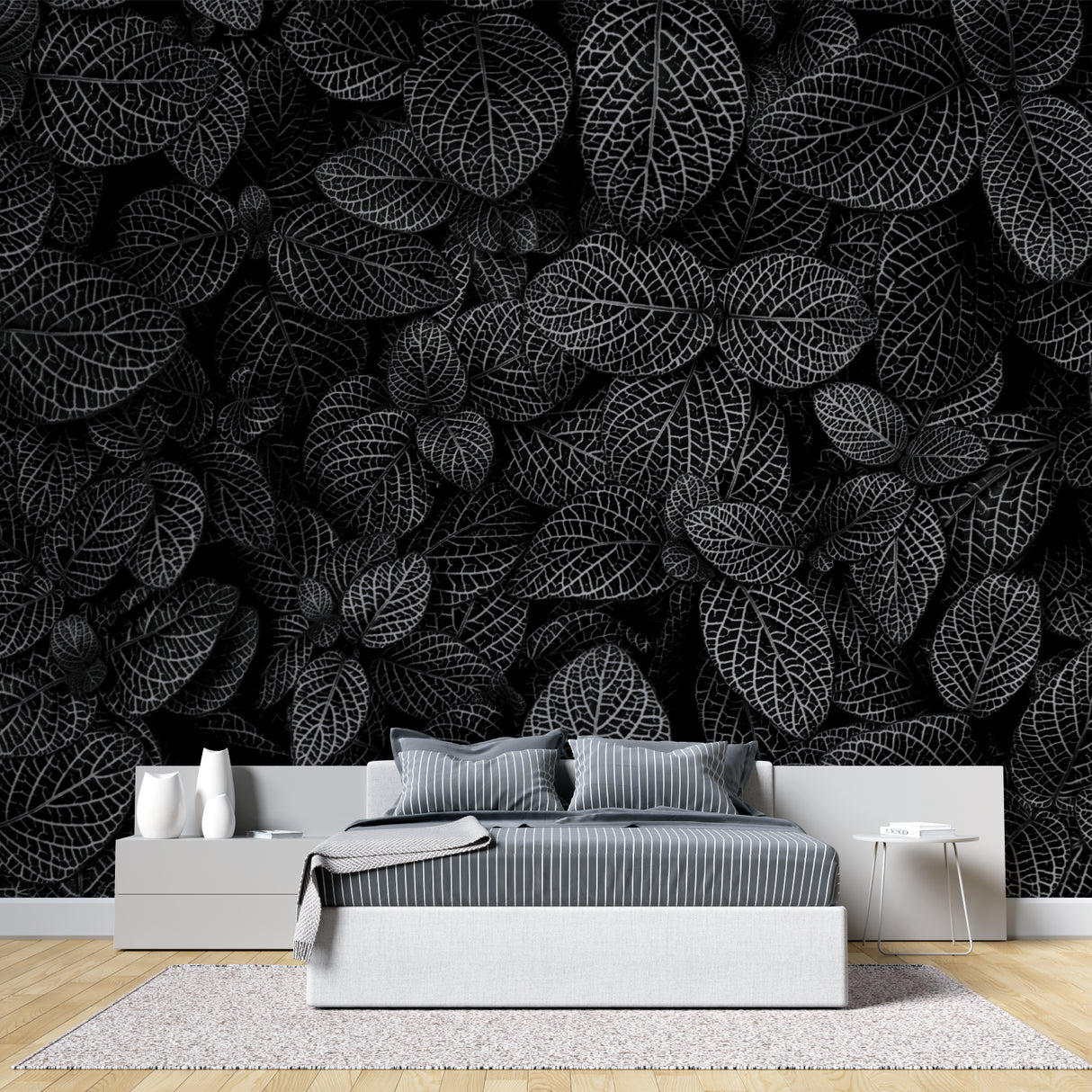 Home office featuring black and white leaf pattern wallpaper