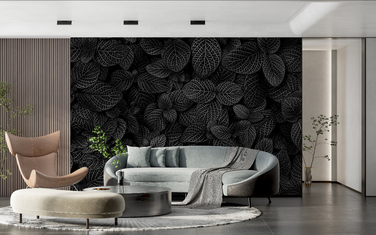 Entryway decorated with botanical black and white wall mural