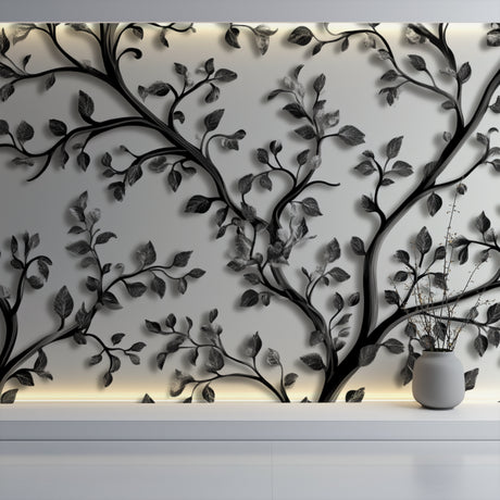 Black foliage wallpaper in modern living room setting with gray sofa and natural light