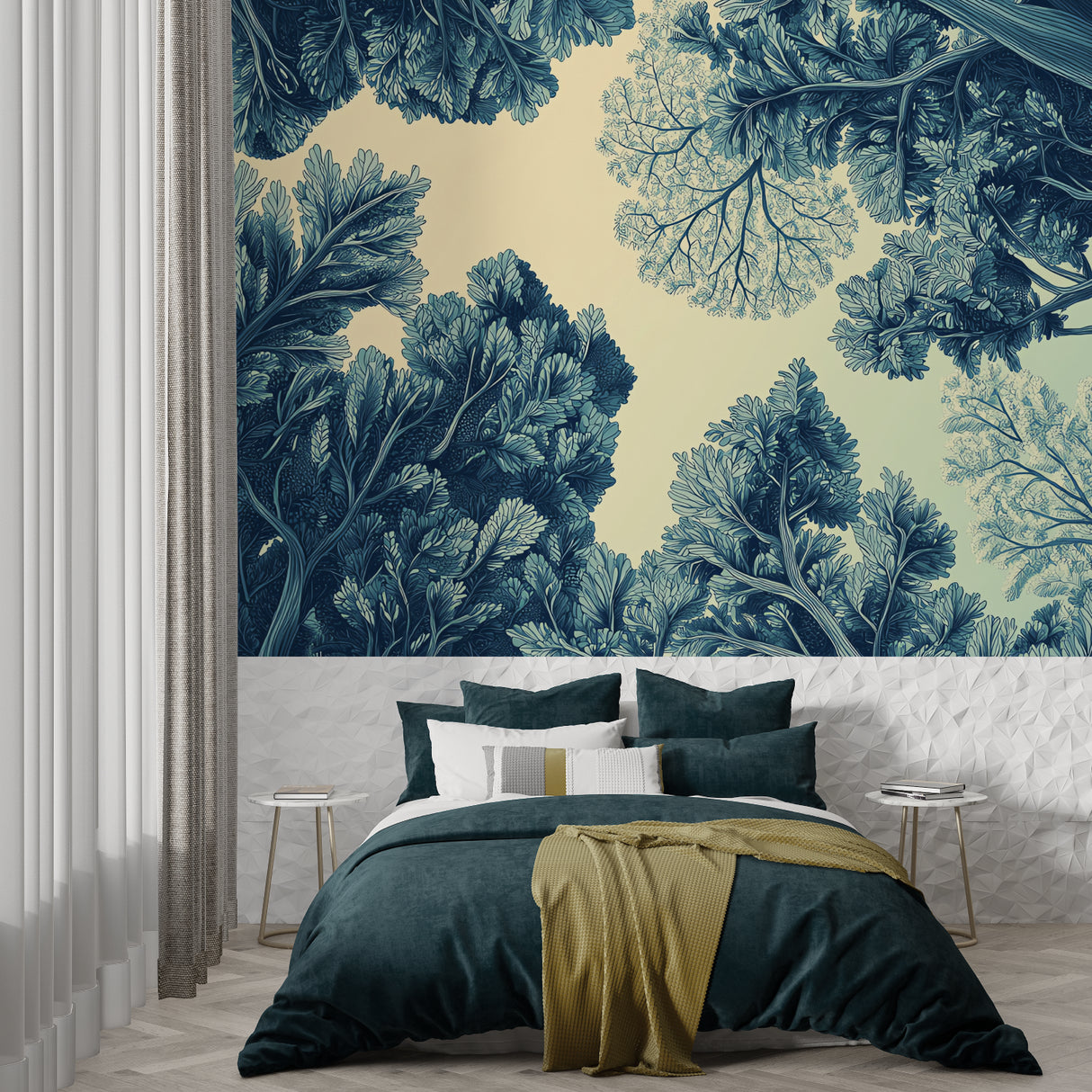 Navy blue foliage wallpaper creating depth in dining room space