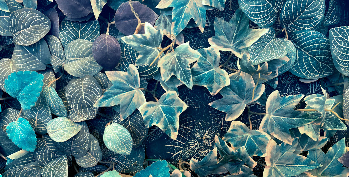 Botanical leaf design file showing intricate blue-green foliage pattern on navy background