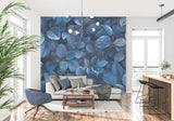 Botanical blue wallpaper in a master bedroom showing scale of leaf pattern
