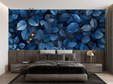 Modern blue leaf pattern wallpaper in dining room with wooden furniture