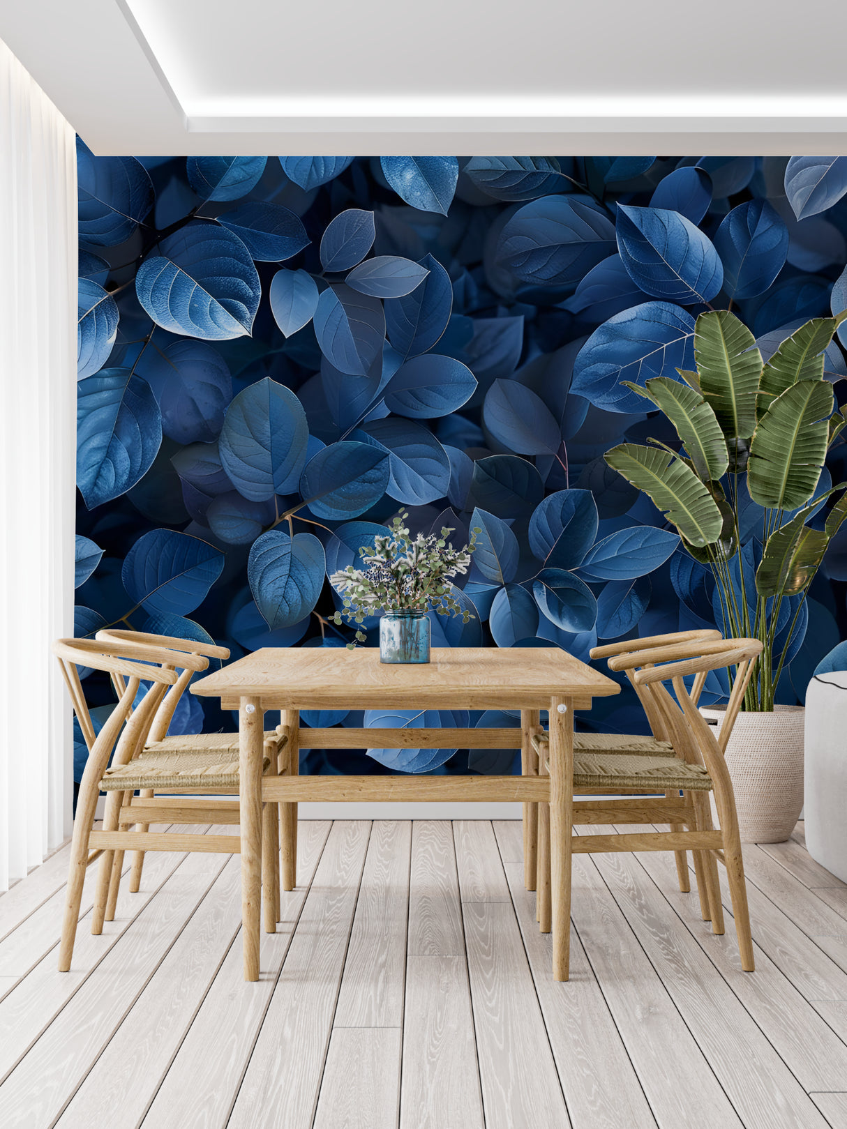Nature-inspired blue wallpaper creating calm atmosphere in reading nook