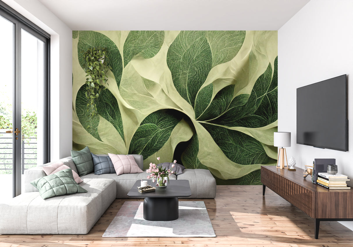 Botanical leaf wallpaper creating a fresh atmosphere in a modern living room with natural light