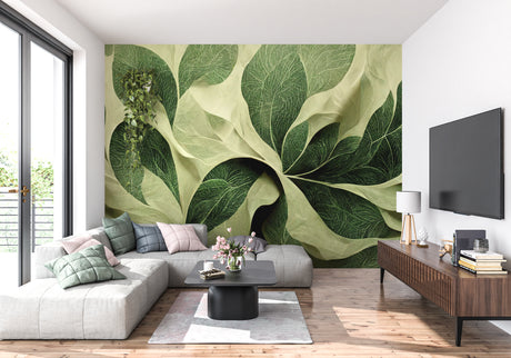 Botanical leaf wallpaper creating a fresh atmosphere in a modern living room with natural light