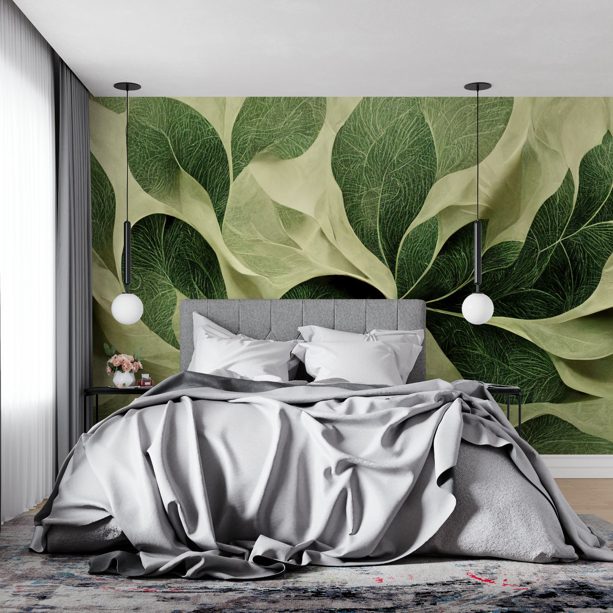 Green leaf mural wallpaper bringing nature into a cozy bedroom setting