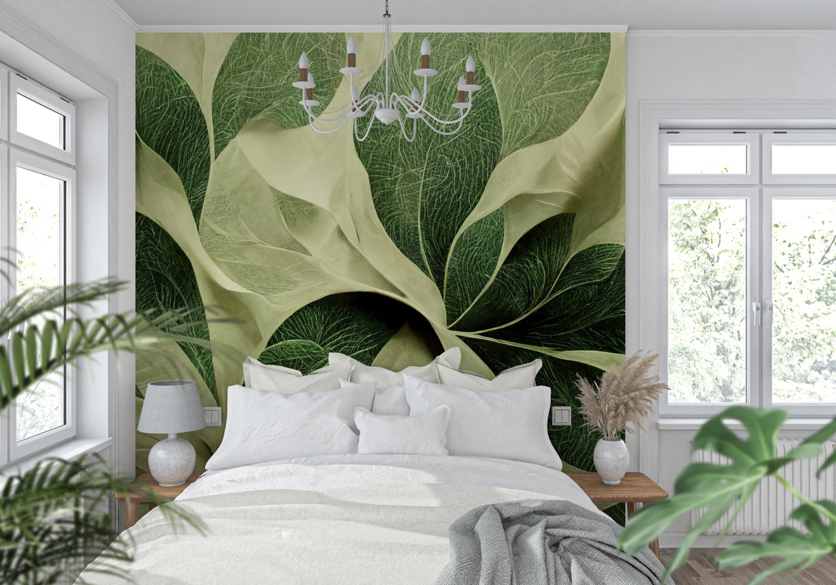 Large-scale foliage pattern transforming a home office with botanical beauty