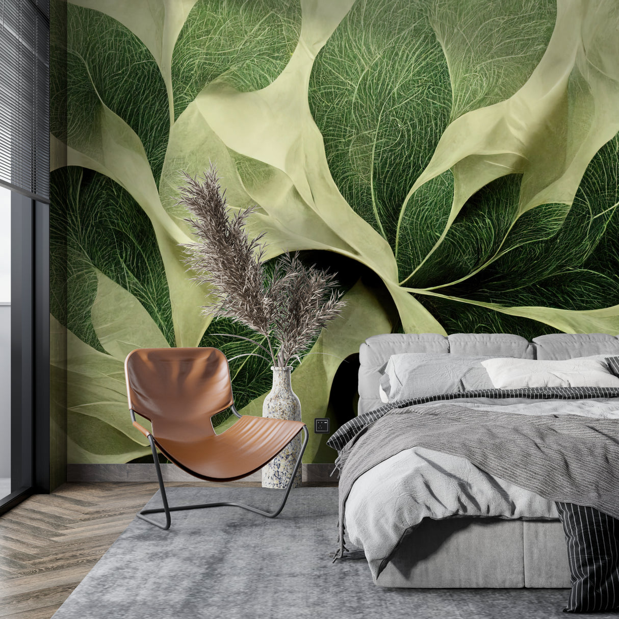 Botanical wall mural making a dining room feel connected to nature