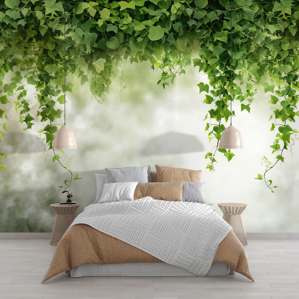 Beautiful Ivy Green Wallpaper Mural creating a fresh garden feel in a modern living room with natural light