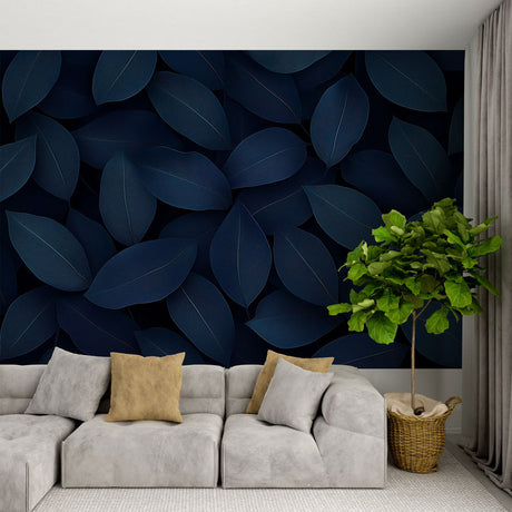 Modern living room with Blue Leaf Wallpaper creating a calm, sophisticated atmosphere with natural light highlighting the pattern
