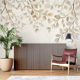 Beige watercolor leaves mural making a home office feel peaceful and inspiring