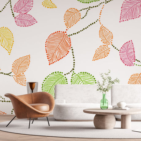 Botanical leaf wallpaper with dotted pattern brightening a modern living room with natural light and minimal furniture