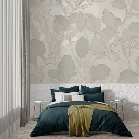 Sophisticated grey and beige Leaf Wallpaper creating a calm atmosphere in a modern living room